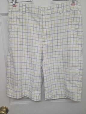 Men's White Plaid GOLF Shorts with Yellow and Gray WIndowpane stripes